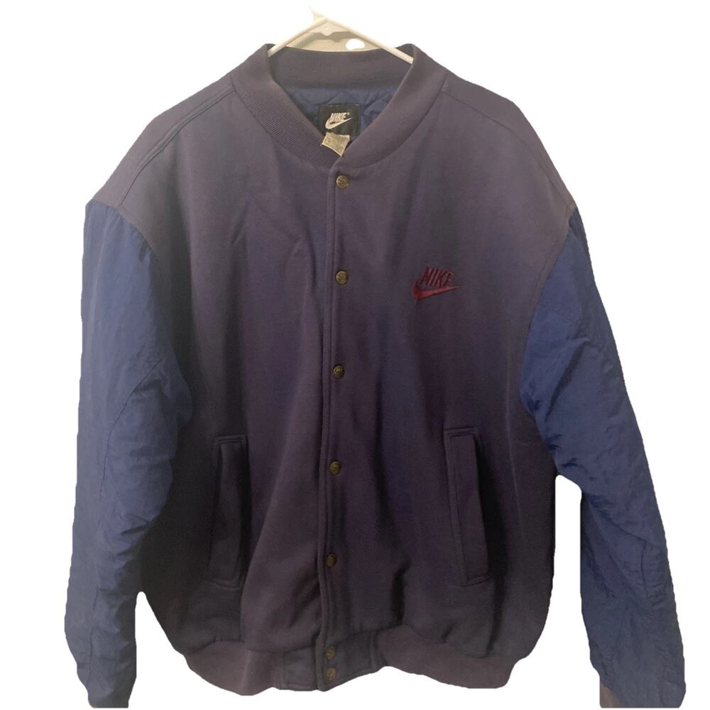 Mens Vintage Nike Air Embroidered Button Down Blue Bomber Jacket Large